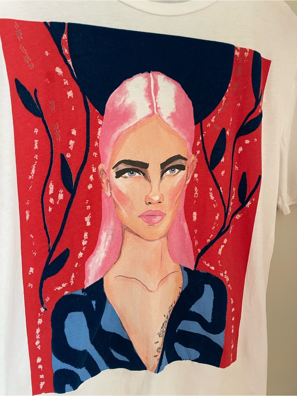 ZARA Graphic Portrait Tee White Pink Hair Woman Graphic T-Shirt Small Streetwear - Picture 6 of 7